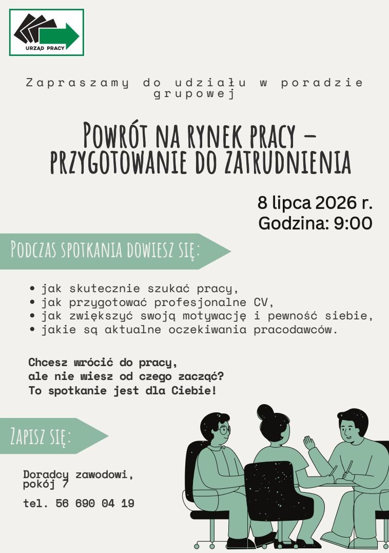 Plakat Powiatowy Urząd Pracy w&nbsp;Wąbrzeźnie zaprasza do udziału w&nbsp;poradzie grupowej